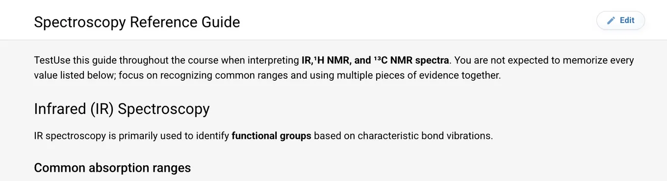 A Spectroscopy Reference Guide on the Stemble Materials page, with an Edit button, an introduction to interpreting IR, ¹H NMR, and ¹³C NMR spectra, and a section on infrared spectroscopy.